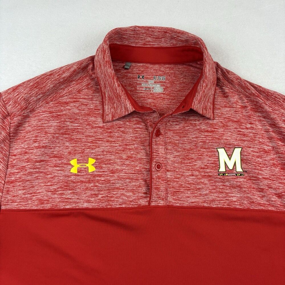 Maryland Terrapins Under Armour Polo Shirt Mens XL Red Heatgear Short Sleeve